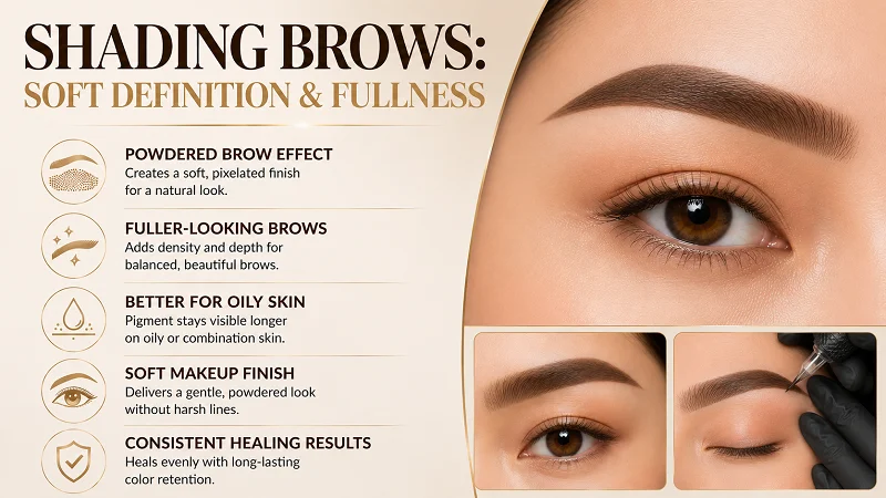 Shading brows use soft pixelated pigmentation to create a powdered effect beneath the skin. Shading brows use soft pixelated pigmentation to create a powdered effect beneath the skin.