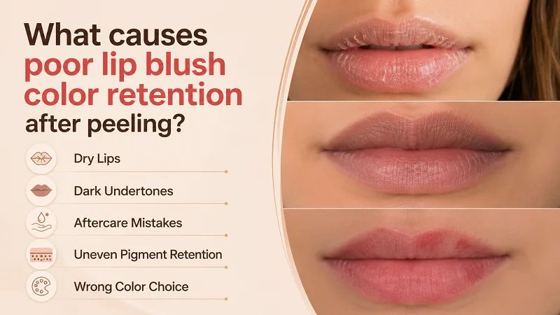 What causes poor lip blush color retention after peeling? What causes poor lip blush color retention after peeling?