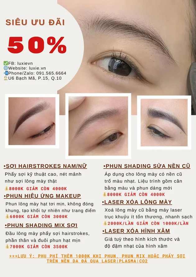 Bảng giá dịch vụ phun xăm lông mày tại Luxie